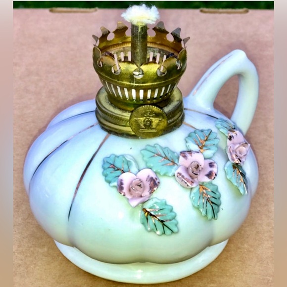 Mid Century Antique Pink Rose Gold Trim Porcelain Finger Loop Oil Lamp JAPAN - Picture 7 of 10